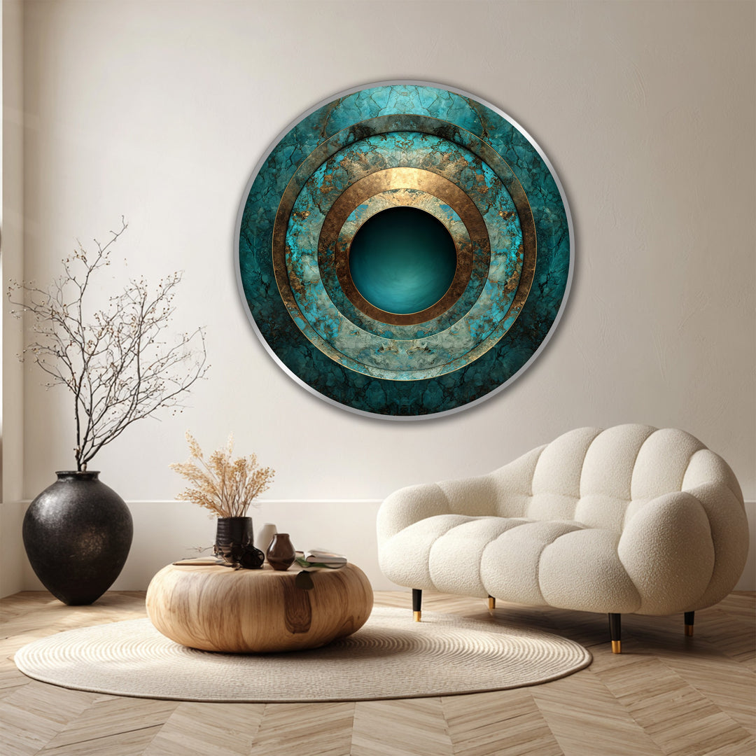 Showing the depth and layers of a turquoise concentric round abstract oil painting home decor on wood with circular design.