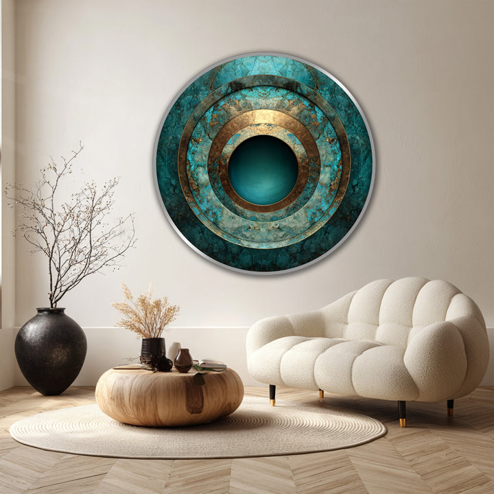 Showing the depth and layers of a turquoise concentric round abstract oil painting home decor on wood with circular design.