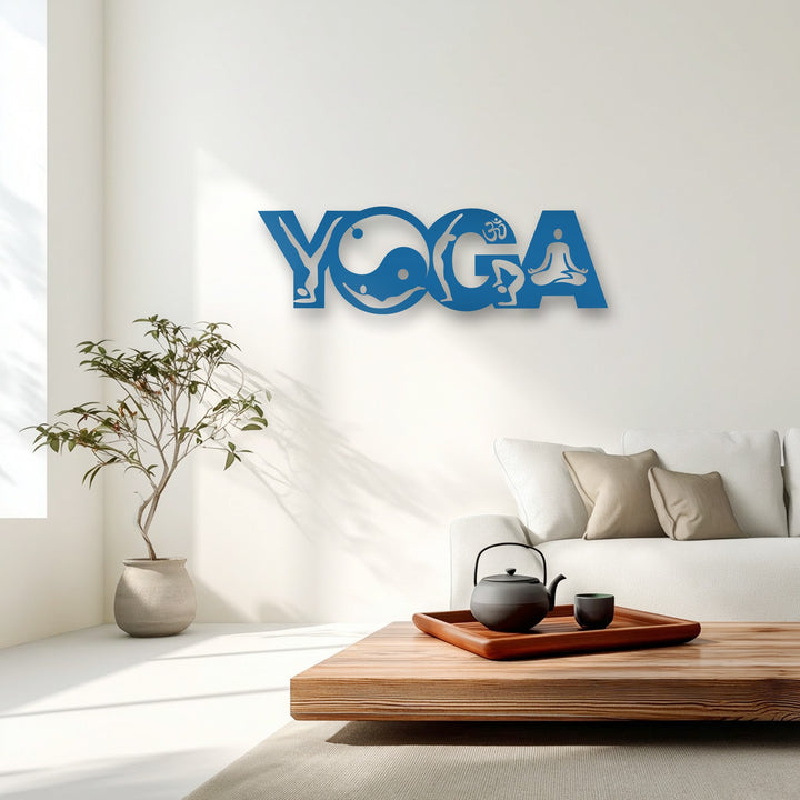 With a pleasant, balanced color saturation, the vibrant blue Yoga Balance Flow – Yin Yang Meditation metal wall decor enriches the serene room.