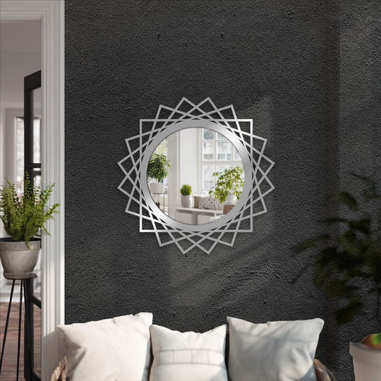 The modern geometric framed wall mirror features a shiny, clean finish that highlights its structured halo design, offering both function and decorative flair.