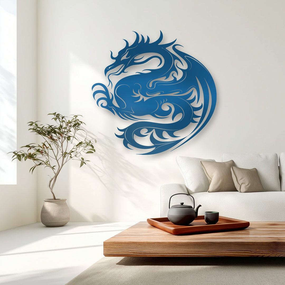 A dark teapot and cup rest on a wooden tray atop a low table, harmonizing with the celestial dragon metal decoration wall art.