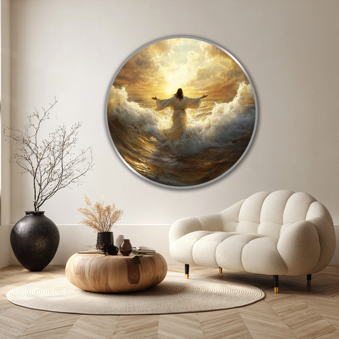 Enhanced with the layering effect, this modern oil painting art depicts radiant faith with golden sunrise waves enveloping a central figure in a mesmerizing round composition.