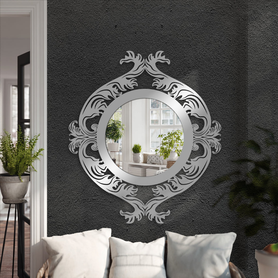 Reflecting a serene home decoration, this ornate dragon metal wall mirror exudes a mythical and bold mood in a modern interior.