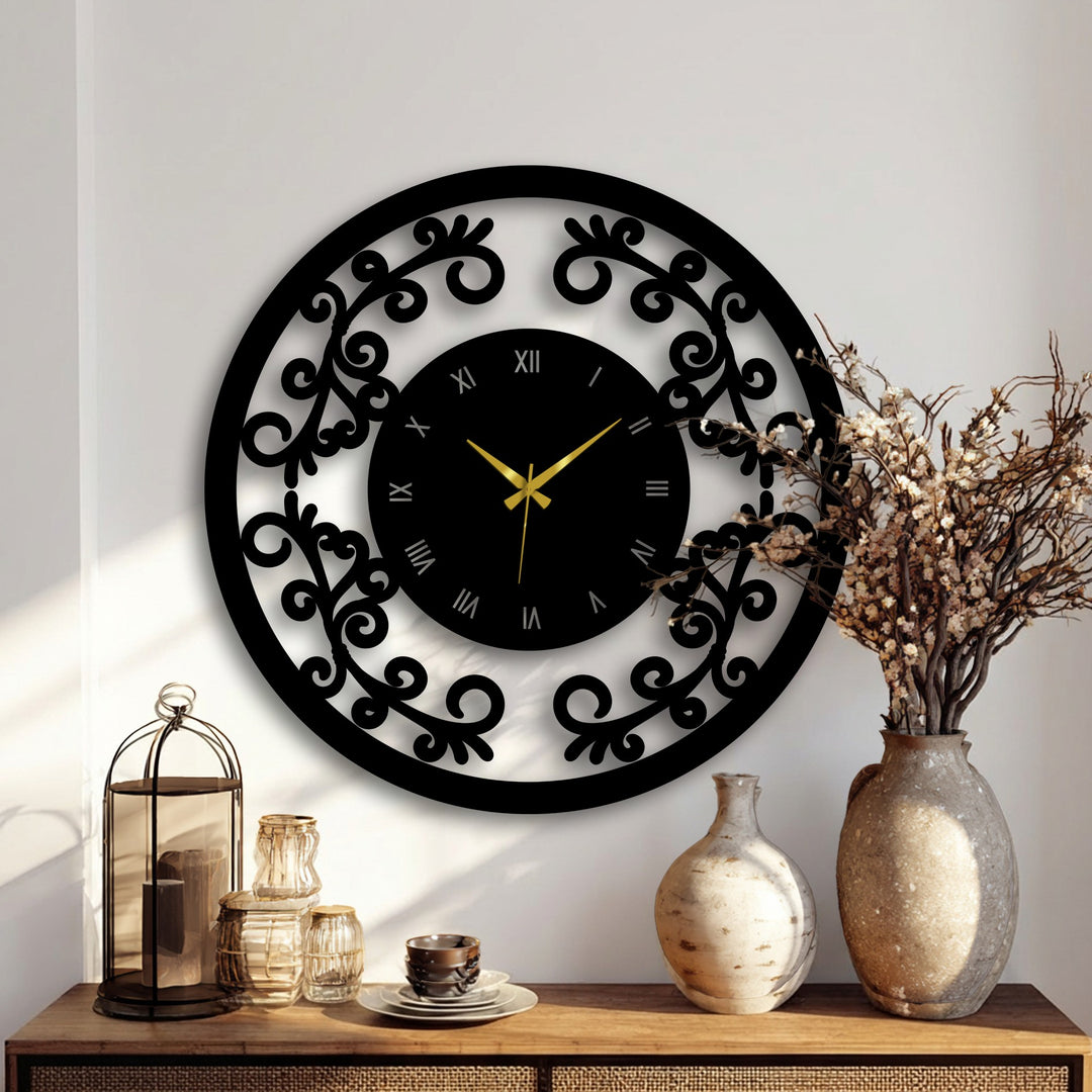 Finished in a matte black, this ornamental floral frame vintage decorative metal art wall clock adds a touch of classic elegance to any room.