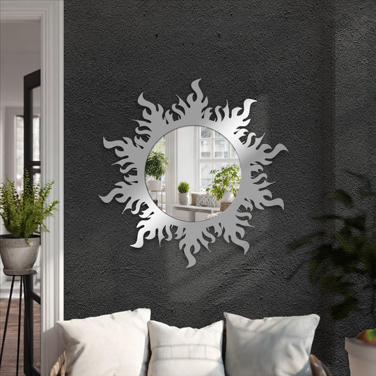Reflecting a scene within a scene, the layering effect highlights this flame aura round decorative wall mirror, a stunning framed wall mirror with an asymmetrical design.
