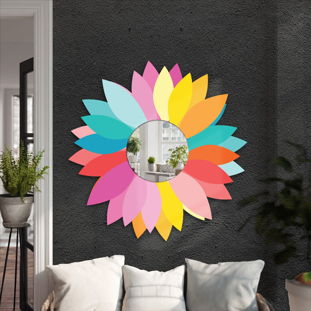 Radiant gradations showcase a captivating spectrum of colors, transforming this floral metal artwork into a dazzling framed wall mirror centerpiece.