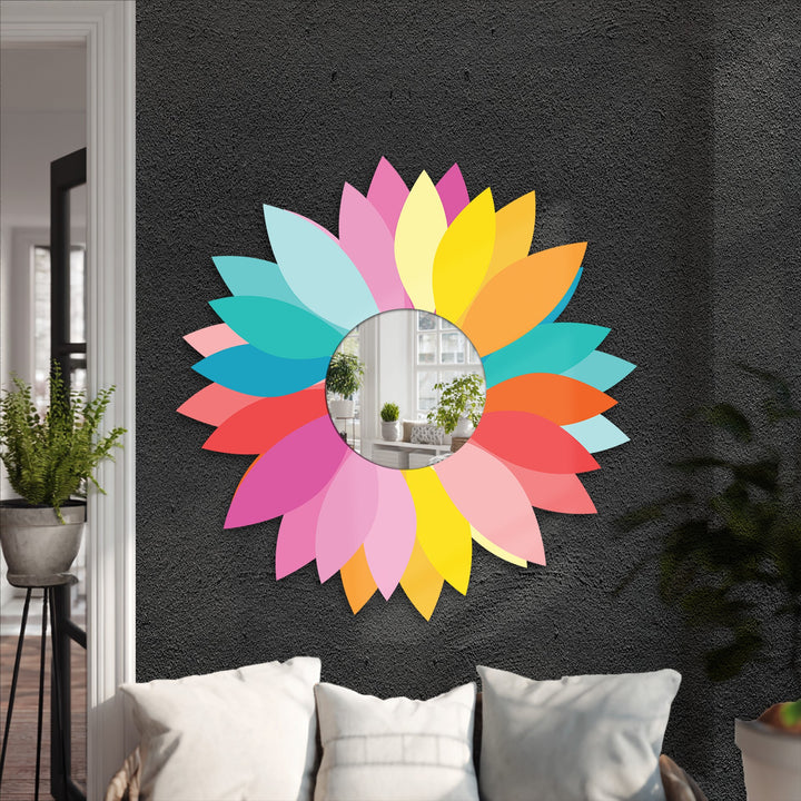 Radiant gradations showcase a captivating spectrum of colors, transforming this floral metal artwork into a dazzling framed wall mirror centerpiece.