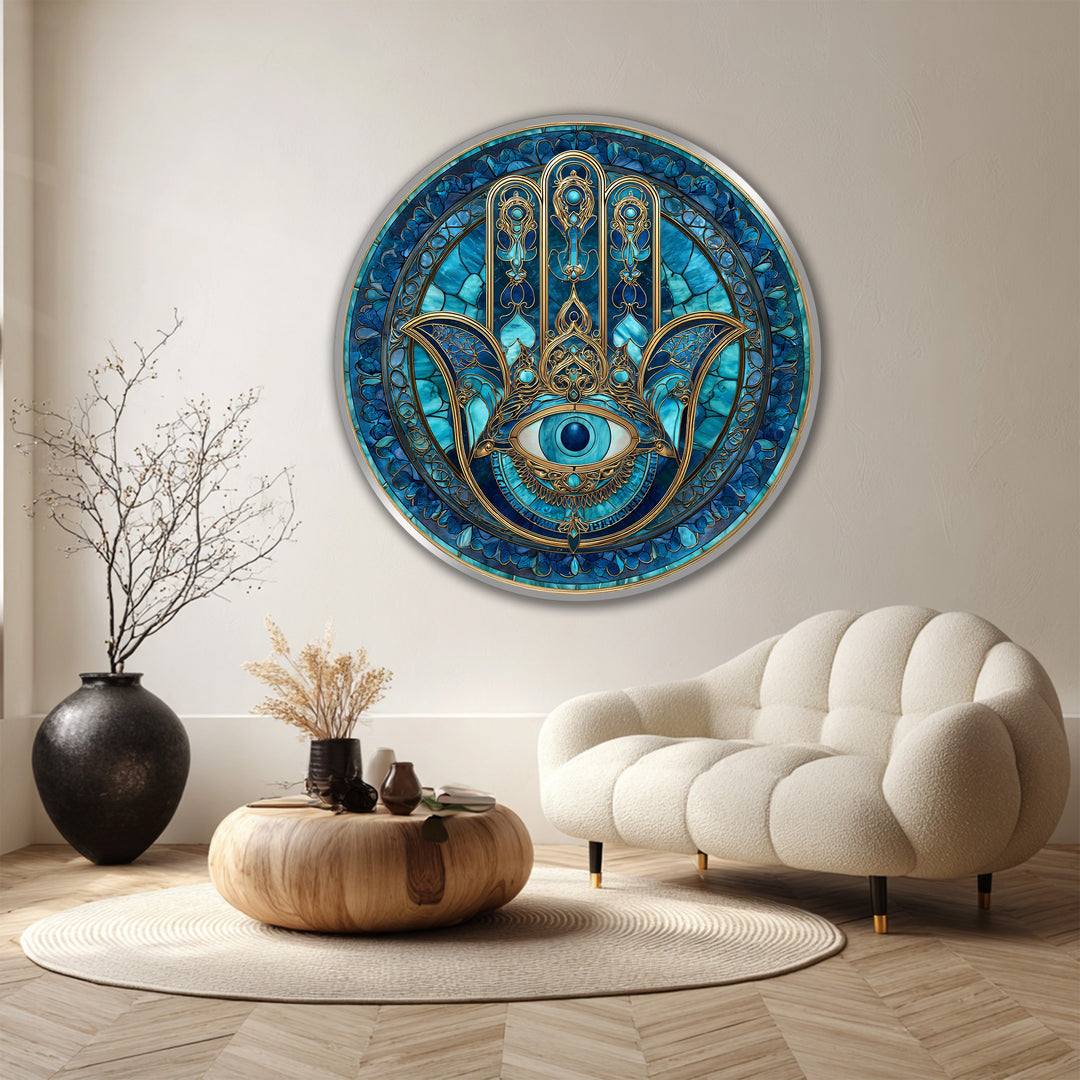 Curving organic forms and the protective eye in this blue nazar hamsa oil painting art prints showcase spiritual wall art on wood.