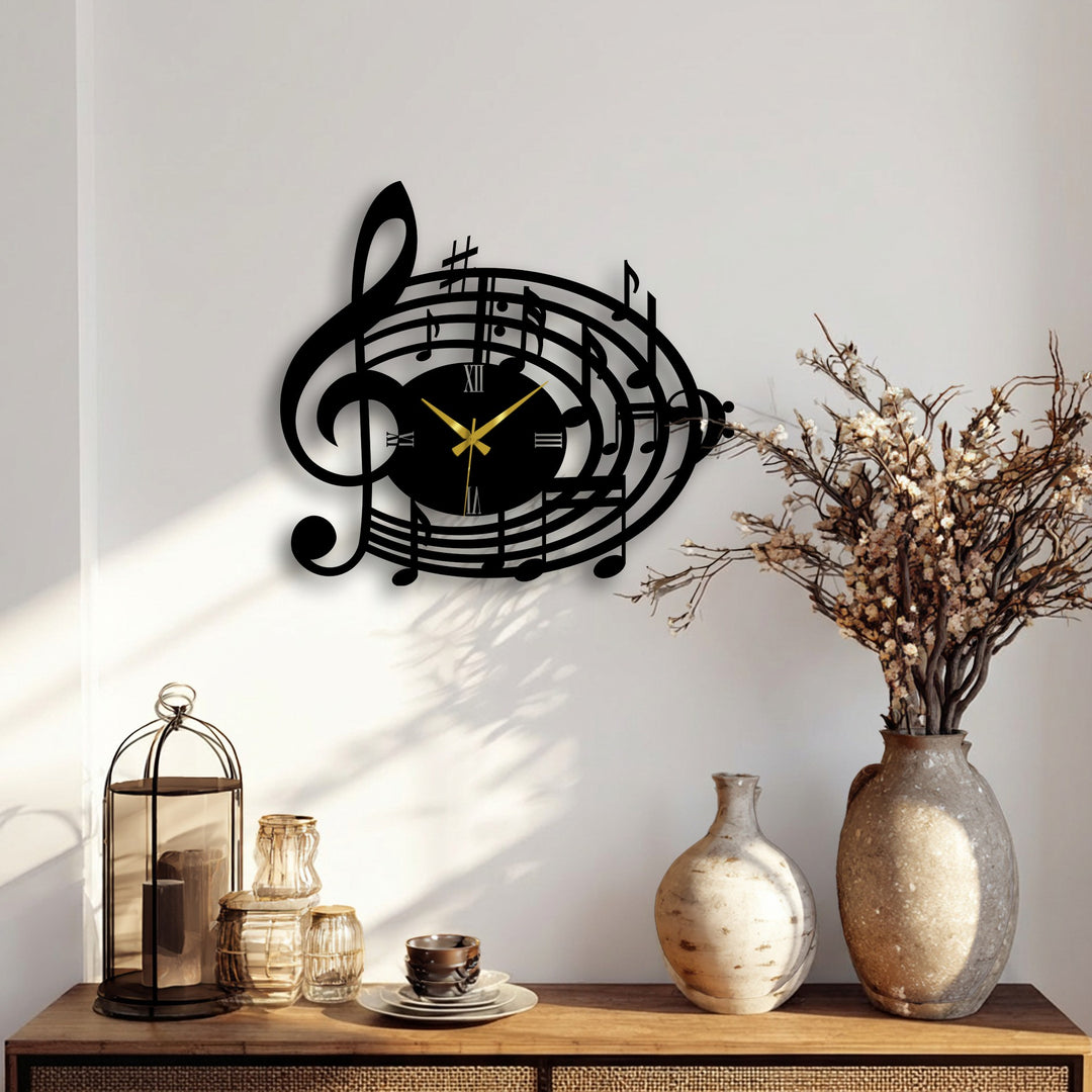Minimizing color saturation highlights the dark, musical notes treble clef metal art for wall clock, contrasting with the muted hues of the surrounding decor.