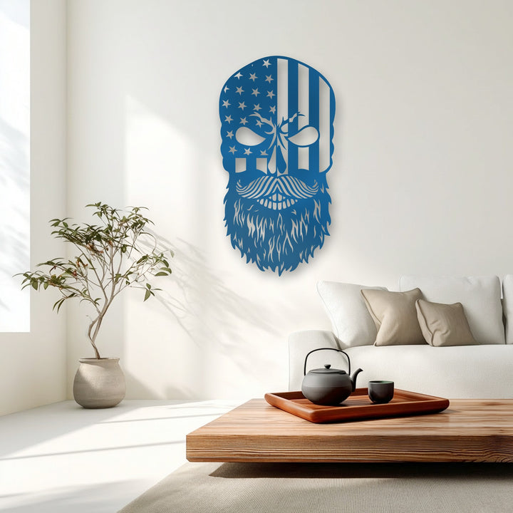 Soft afternoon light casts distinct shadows of the blue Patriot Skull bearded American flag unique metal wall art on a bright white wall.