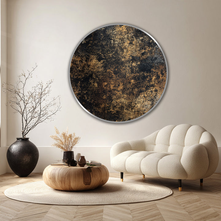 Visual rhythm emerges in the midnight gold texture of this round wooden oil painting wall art, blending abstract forms in a circular dance of dark tones.
