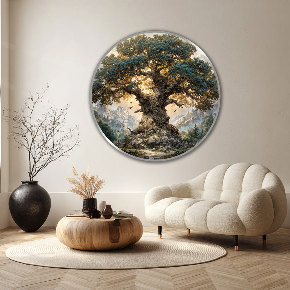 Defined surface texture is highlighted in this round oil painting art piece, featuring a majestic ancient mountain oak tree landscape with glowing sunlight.
