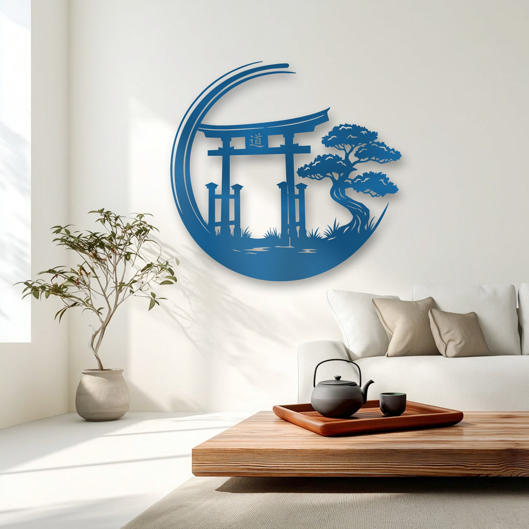 The vibrant blue unique metal wall art, featuring a Zen Garden Torii Gate and bonsai, is the striking Japanese style decor on a white wall.
