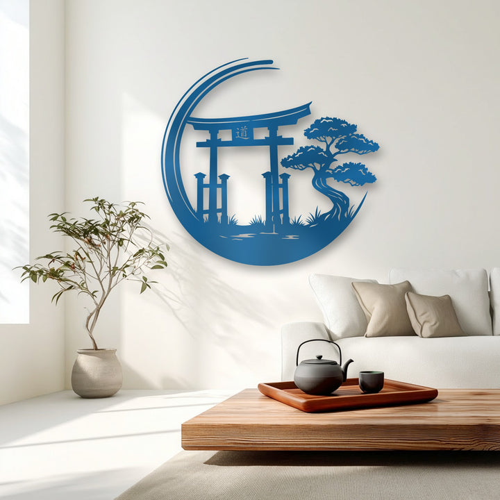 The vibrant blue unique metal wall art, featuring a Zen Garden Torii Gate and bonsai, is the striking Japanese style decor on a white wall.