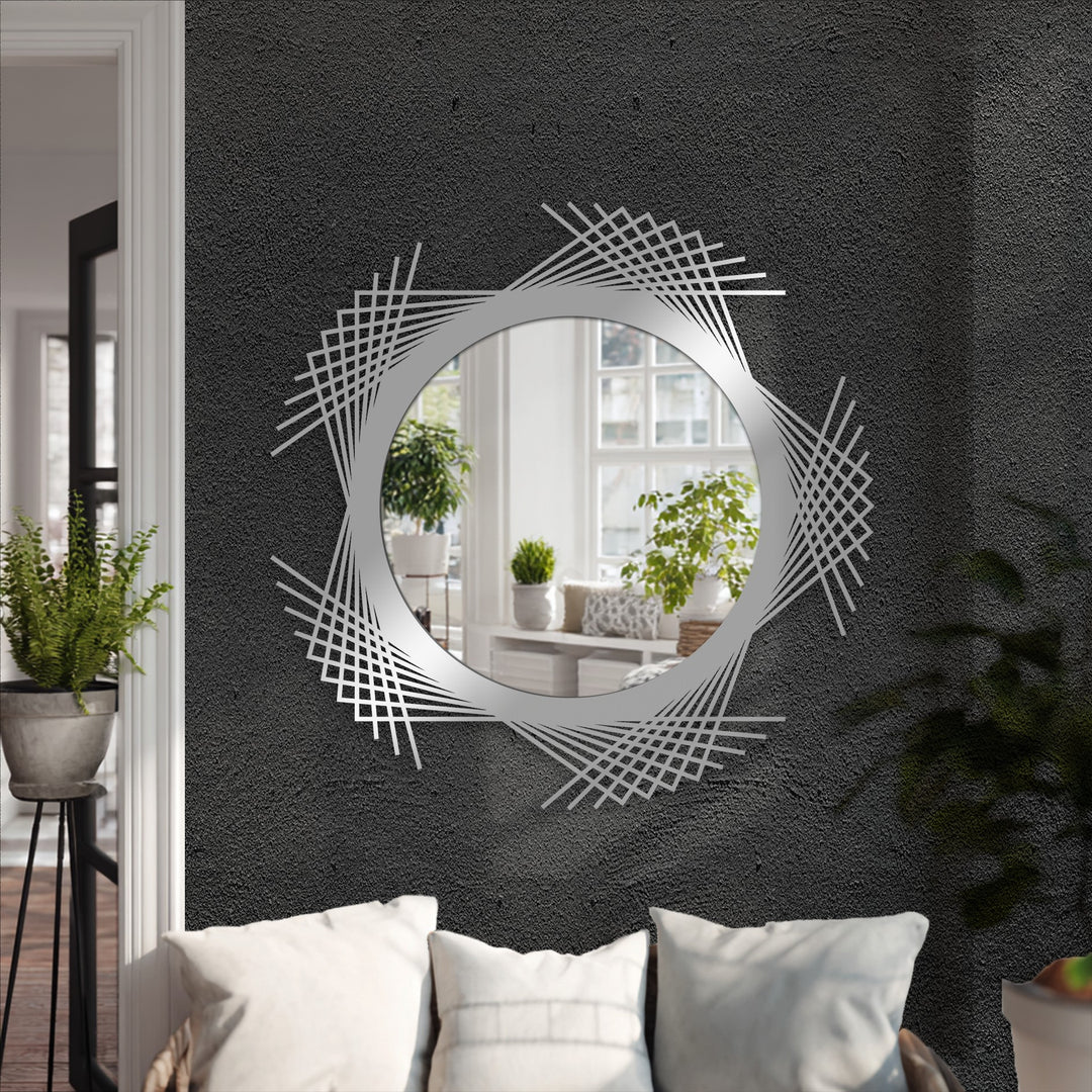 Circular mirror with angled line frame