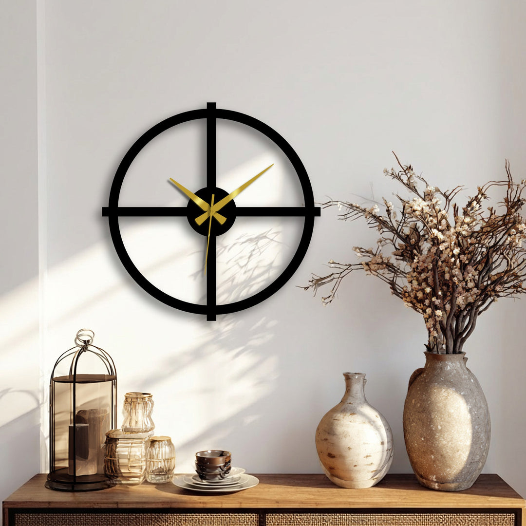 Sharp color contrast defines this minimalist black cross metal art for wall clock, with golden hands against the white background, creating a modern decorative piece.