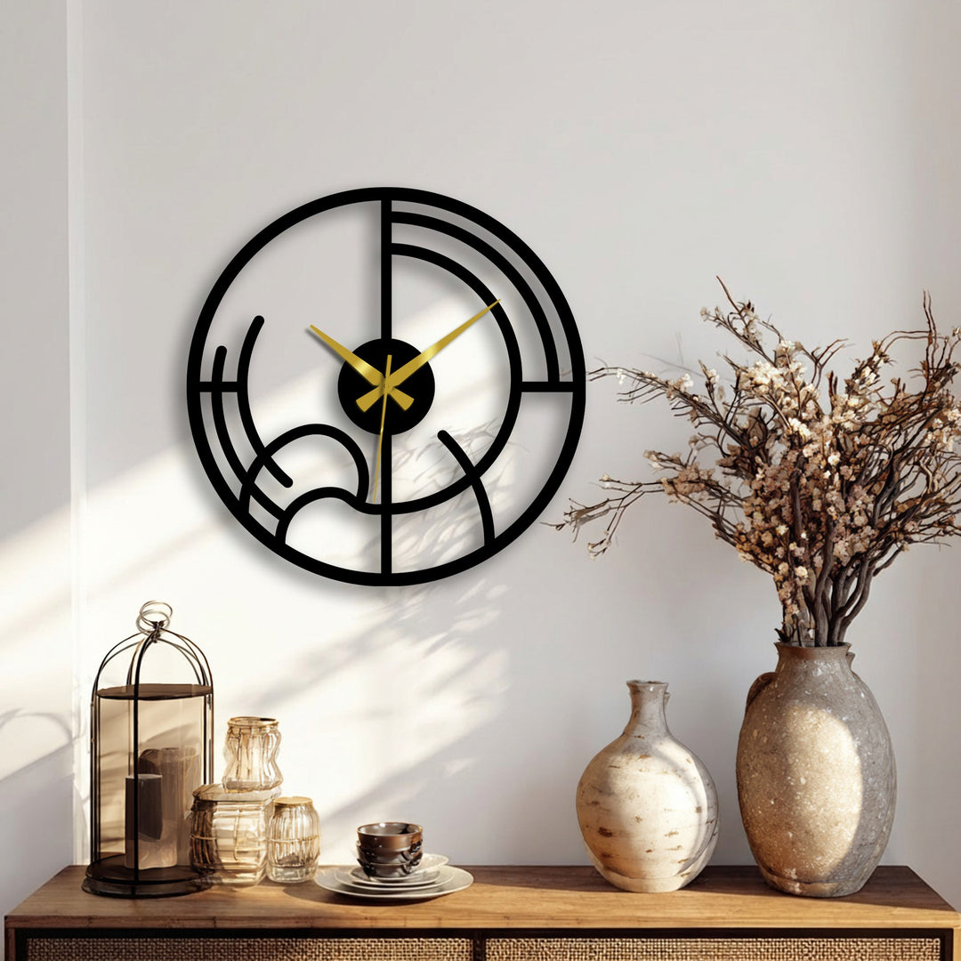 Horizontally-oriented, round decoration wall art piece presents an abstract geometric design as a minimalist modern metal wall clock.