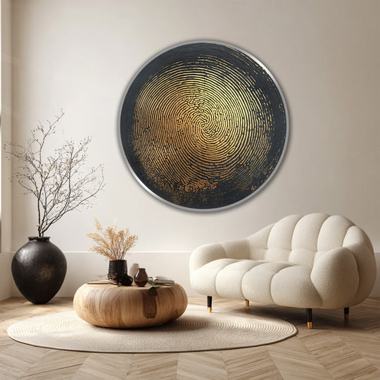 Gold dominates this round wooden oil painting art prints wall art, showcasing an abstract golden pulse with an intriguing circular texture on a dark backdrop.