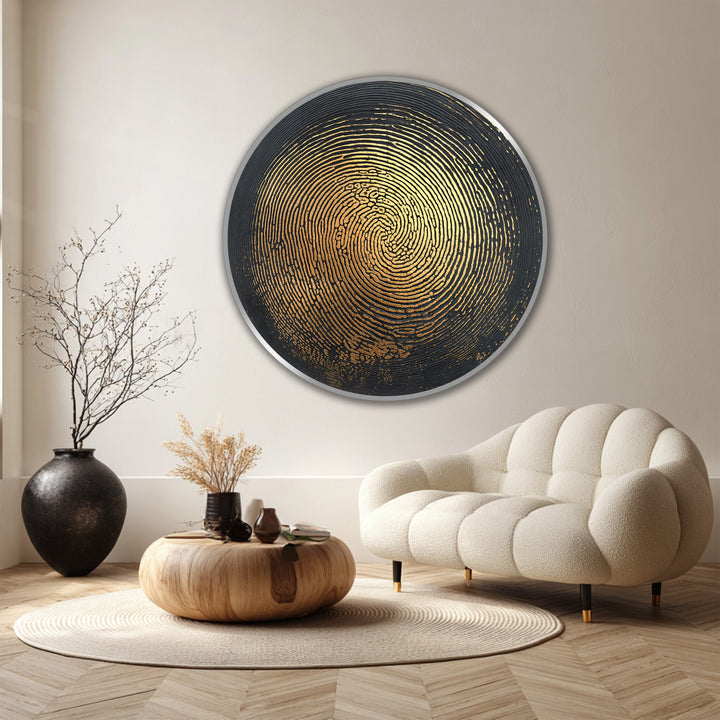 Gold dominates this round wooden oil painting art prints wall art, showcasing an abstract golden pulse with an intriguing circular texture on a dark backdrop.