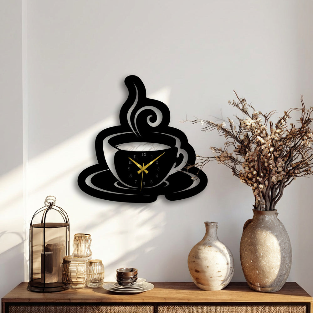 A crisp white wall showcases a black coffee cup metal wall clock, a stylish and functional piece of decoration wall art.