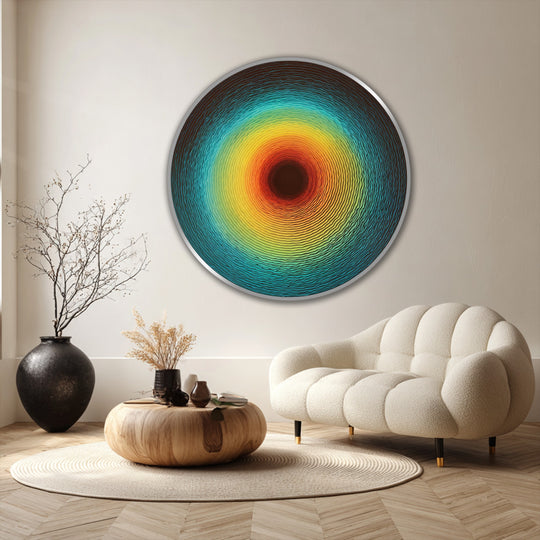 Concentric circles dominate this radiant abstract round oil painting, showcasing a striking geometric design with vibrant colors that exemplify abstract oil painting art prints.