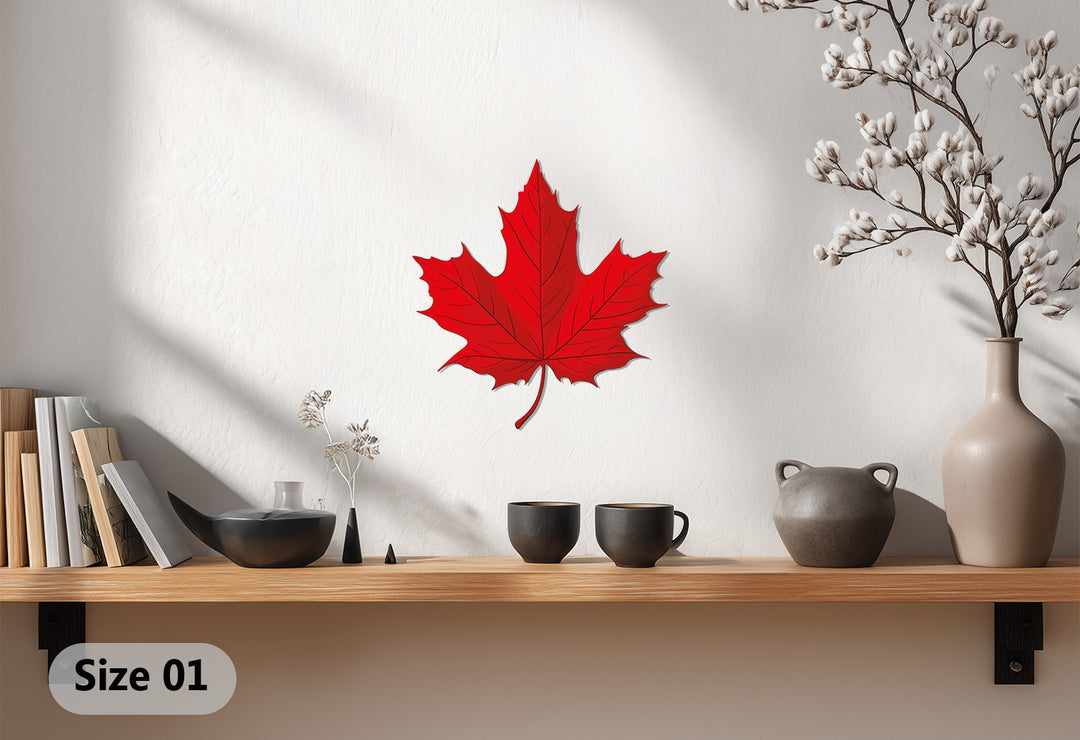 Showcasing the sturdy material of this red maple leaf decorative metal art, a robust piece of Canadian nature inspired wall decor for any interior.