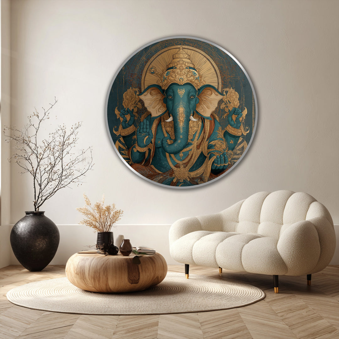 Featuring a textured finish, this round Ganesha turquoise majesty showcases the beauty of oil painting reproduction print techniques in spiritual wall art.