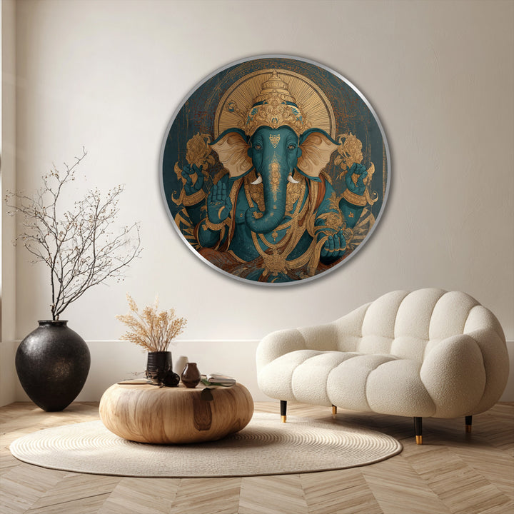 Featuring a textured finish, this round Ganesha turquoise majesty showcases the beauty of oil painting reproduction print techniques in spiritual wall art.