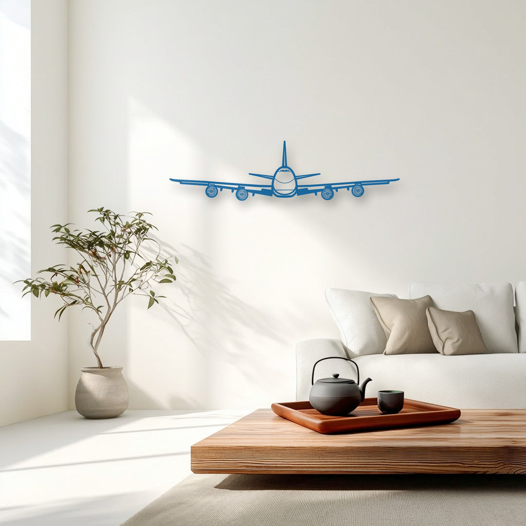 The symmetrical lines of the azure airplane metal art for wall create a clean visual rhythm against the crisp white backdrop of the modern living space.