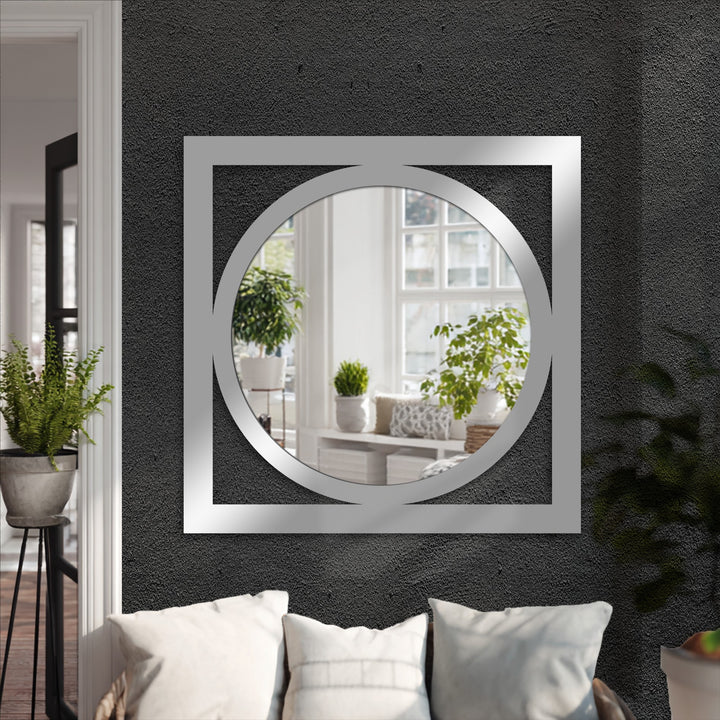 An inviting mood is created by the circle within square decorative mirror, enhancing the modern, minimalist decoration wall art in the entryway.