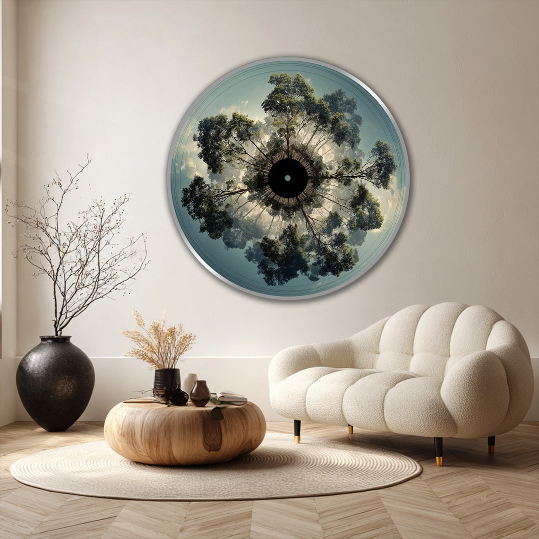 Immersive depth and layers create a mesmerizing celestial canopy oil painting reproduction print, showcasing a radial forest perspective with skyward tree symmetry.