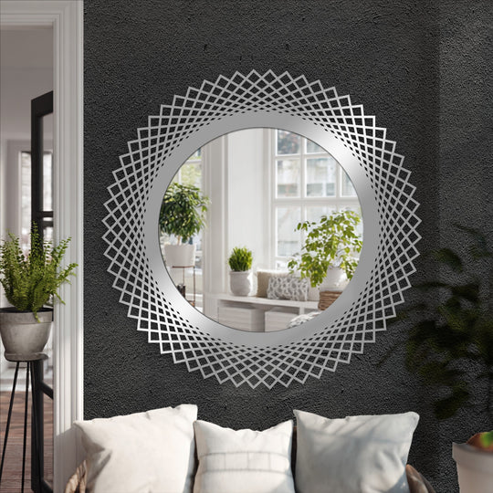 A striking diamond weave frame defines this round decorative wall mirror, a statement piece among modern wall mirrors for home decoration.