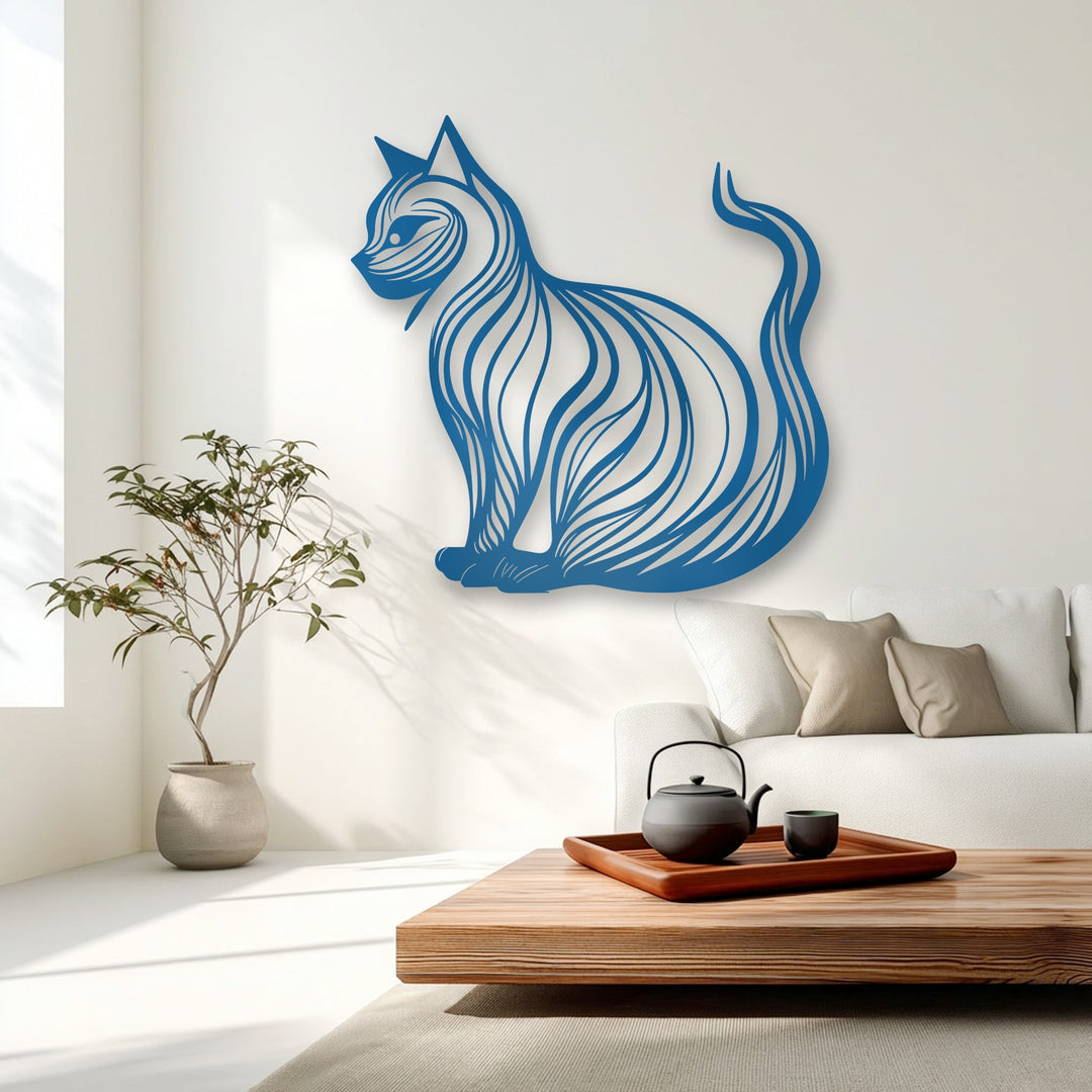 The uniform, smooth matte blue surface texture of this elegant cat silhouette metal wall decor features clean, flowing lines, offering modern appeal.