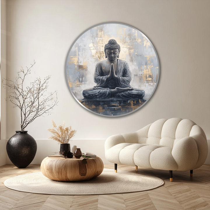 Visual rhythm of the Meditating Buddha round oil painting's repeating brushstrokes and circular form creates a harmonious balance for calm oil painting home decor.