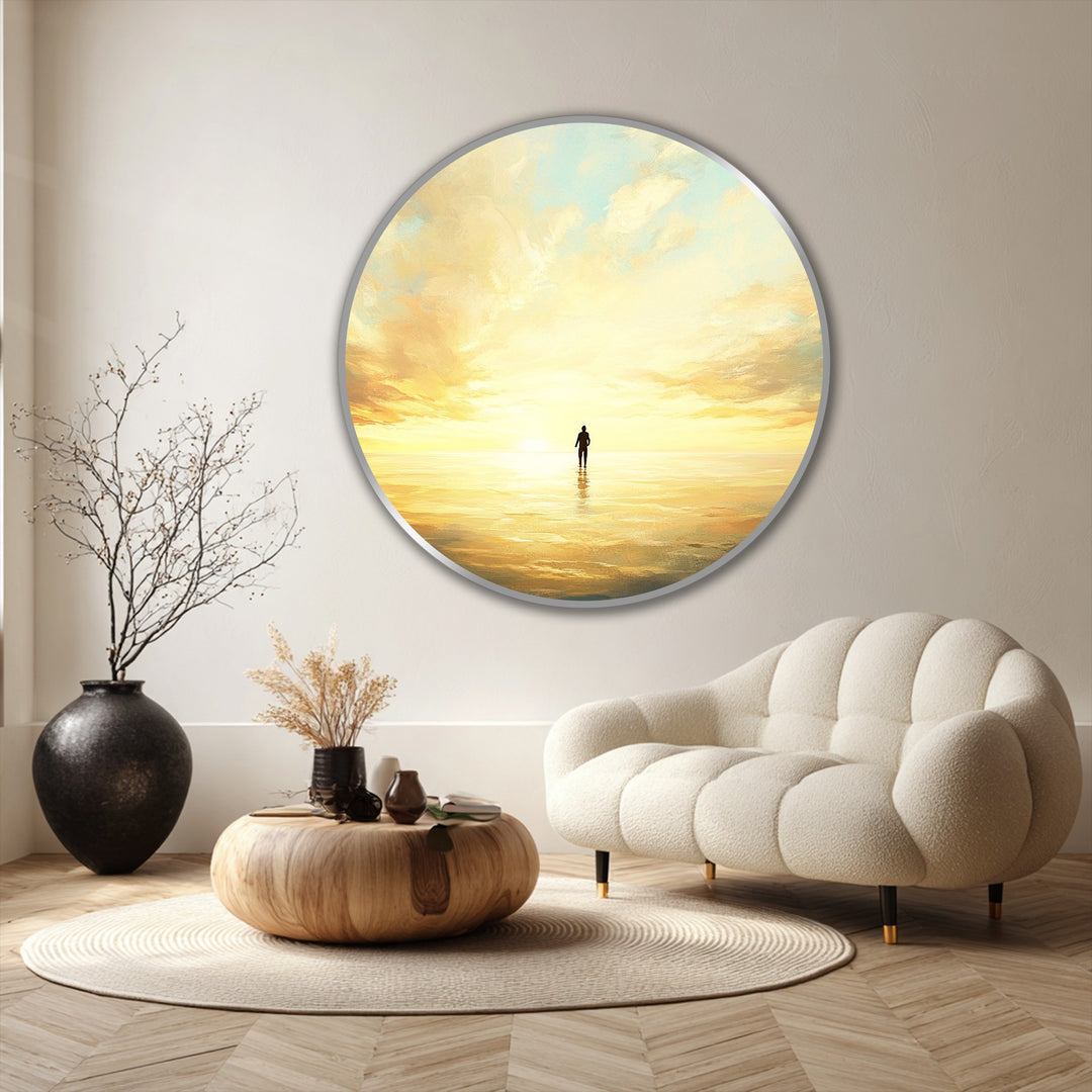 With incredible depth and layers, this round golden sunset reflection shows a figure in the distance, an evocative piece of oil painting home decor.