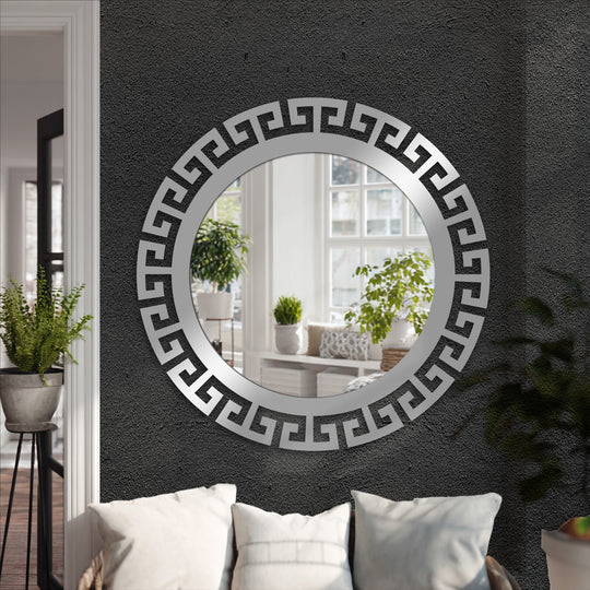 Beneath the modern classic decorative wall mirror, the soft white cushions create a comforting foreground detail that complements this stylish bathroom mirror.
