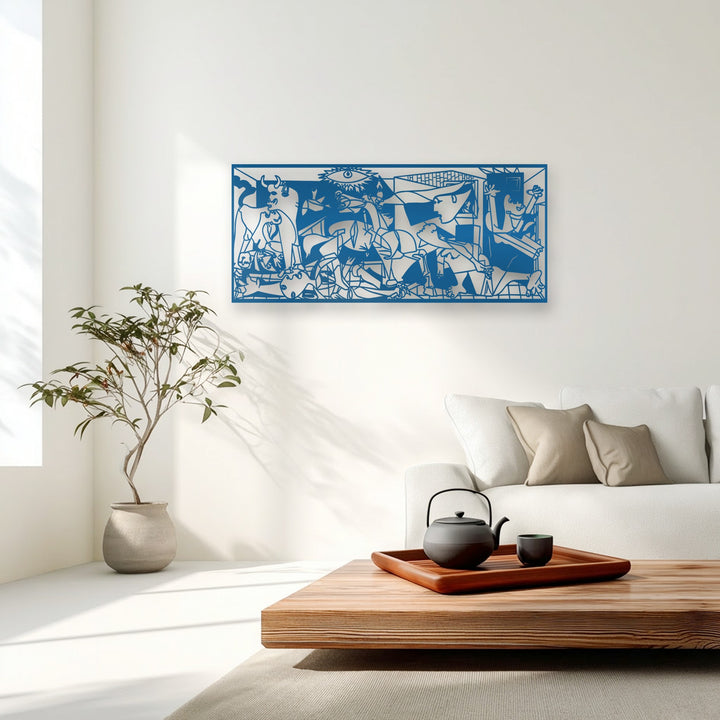 The dynamic visual rhythm of the intricate azure Guernica-inspired abstract metal decoration wall art panel commands attention on the white wall.