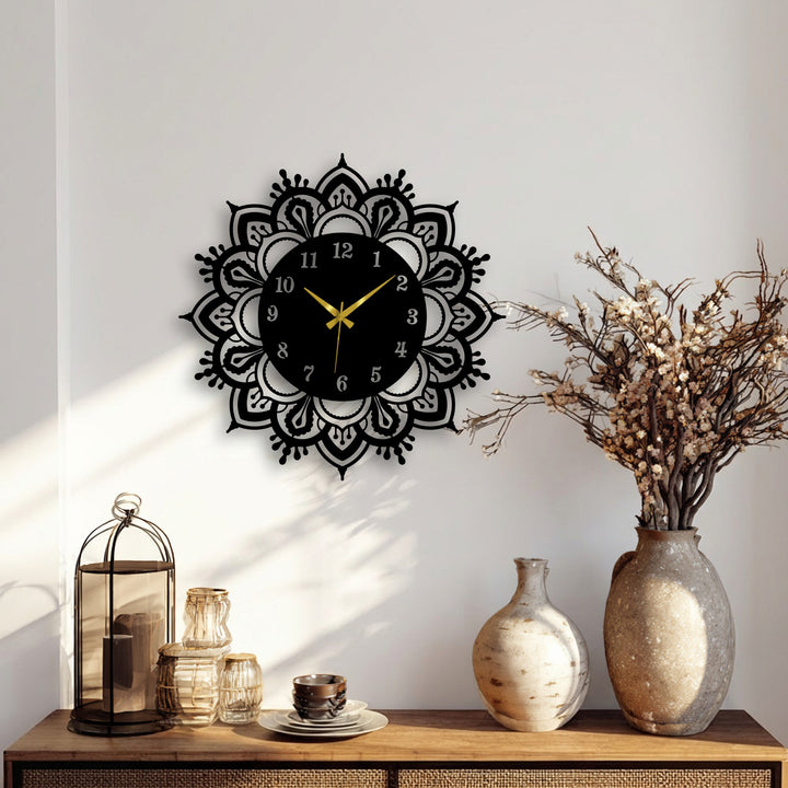 Showcasing the layering effect, this decorative ornate mandala metal art for wall clock features an elegant classic design with intricate patterns and gold hands.