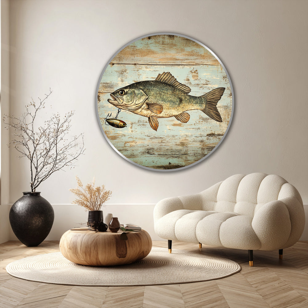Subtle light and shadow play across the vintage bass fish round oil painting, enhancing the modern oil painting art with a rustic wooden backdrop.