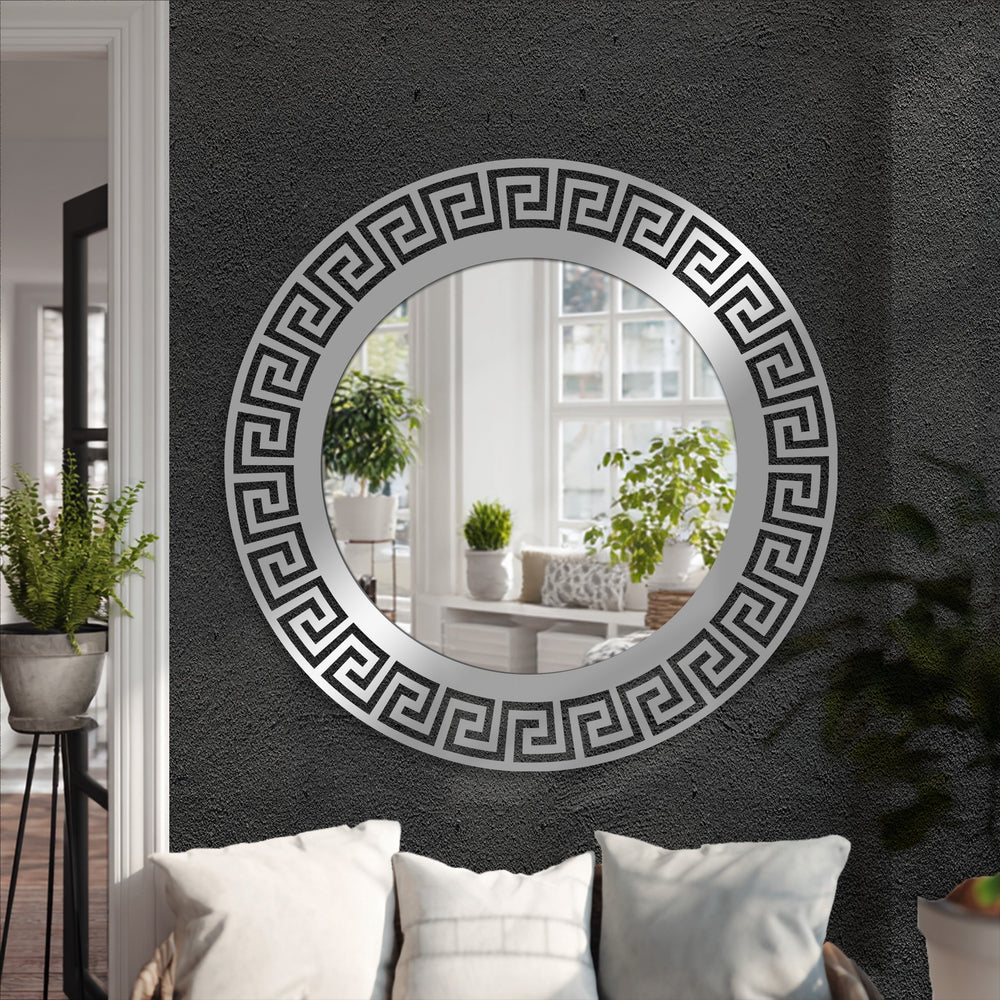 Featuring a decorative Greek key pattern, this statement design floor mirror for wall decor makes the loudest element on the charcoal textured wall.