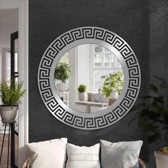 Featuring a decorative Greek key pattern, this statement design floor mirror for wall decor makes the loudest element on the charcoal textured wall.
