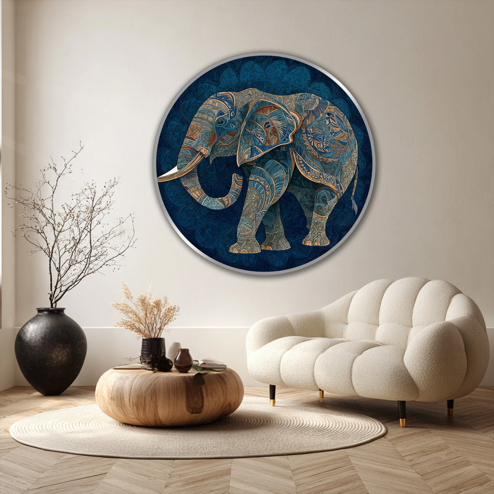 Negative space defines an elegant elephant silhouette in this round oil painting, creating a unique negative space design for timeless oil painting art prints.