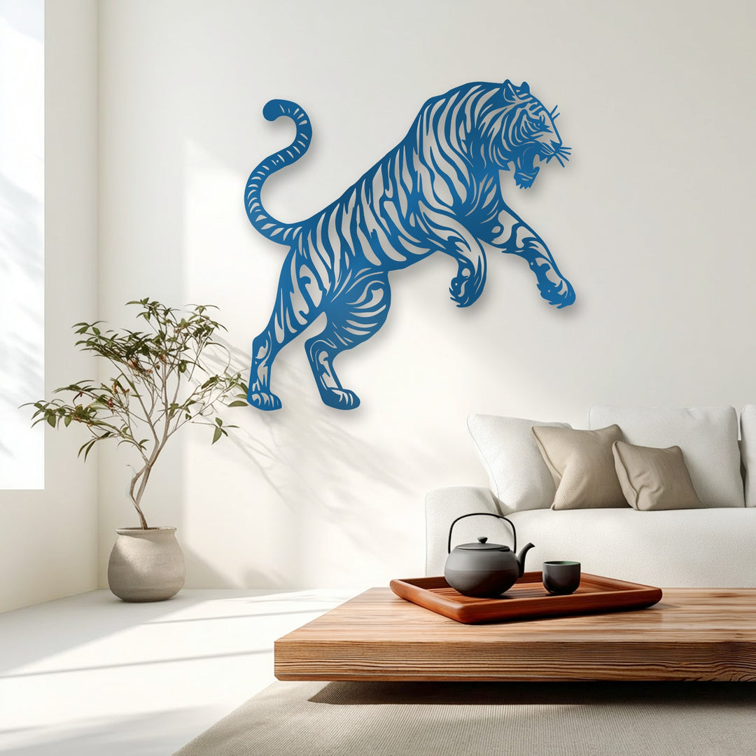 The minimalist off-white wall in the background provides a clean canvas for the vivid tiger silhouette metal decoration wall art.
