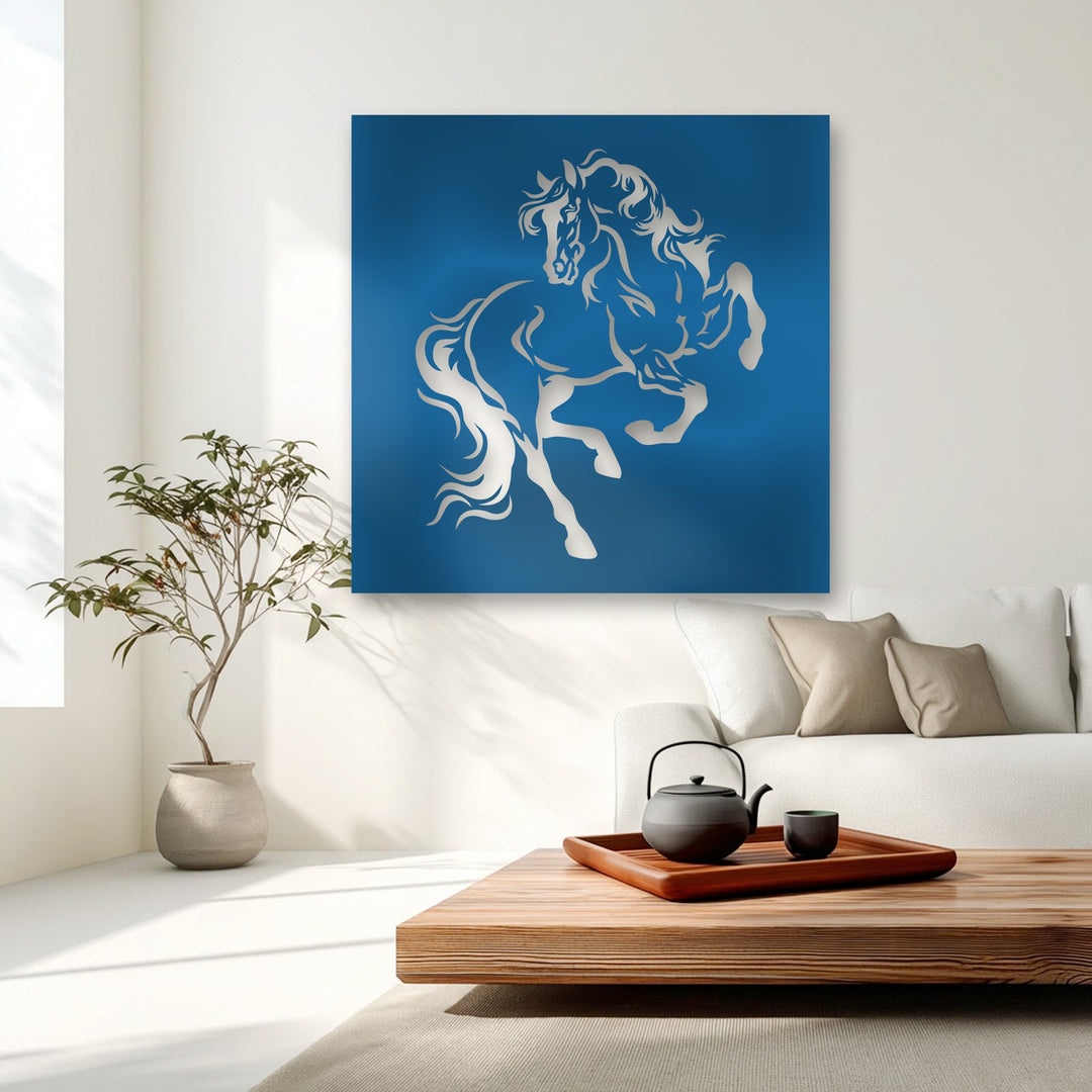 Crisp shadows play across a room with a vibrant blue rearing horse metal artwork, bathed in radiant natural light.