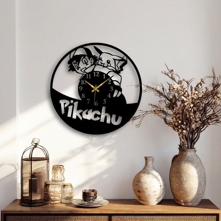 The abstract black silhouette of a cartoon character and electric creature creates a distinctive metal artwork wall clock design.