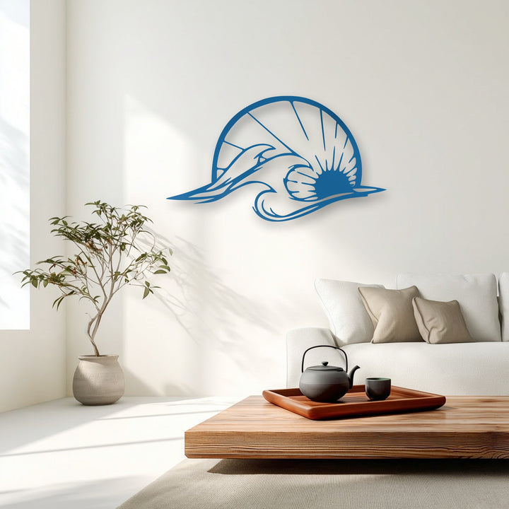 The abstract quality of this azure metal wall decor captures the essence of coastal waves and a sun-like dolphin silhouette.