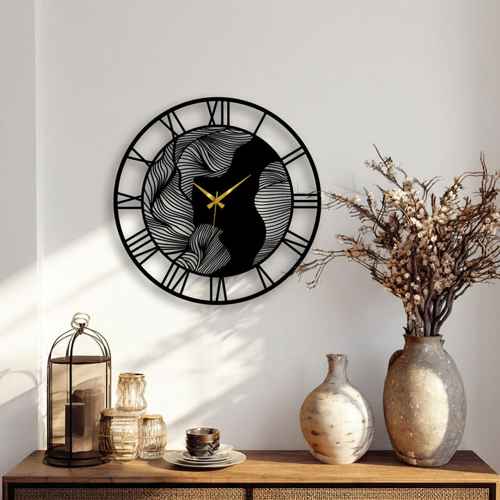 Dominating the wall, the abstract wave decorative metal art clock features bold Roman numerals and striking gold hands, creating a captivating centerpiece.