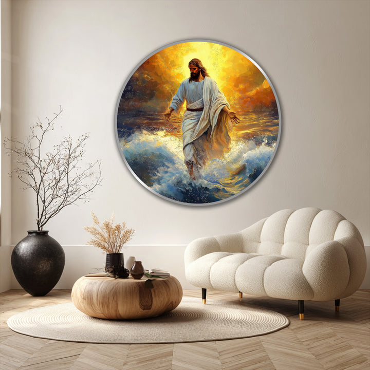 Inspiring, the golden sky and radiant light evoke a hopeful mood in this oil painting reproduction print depicting Jesus walking on water, a majestic symbol of unwavering faith.