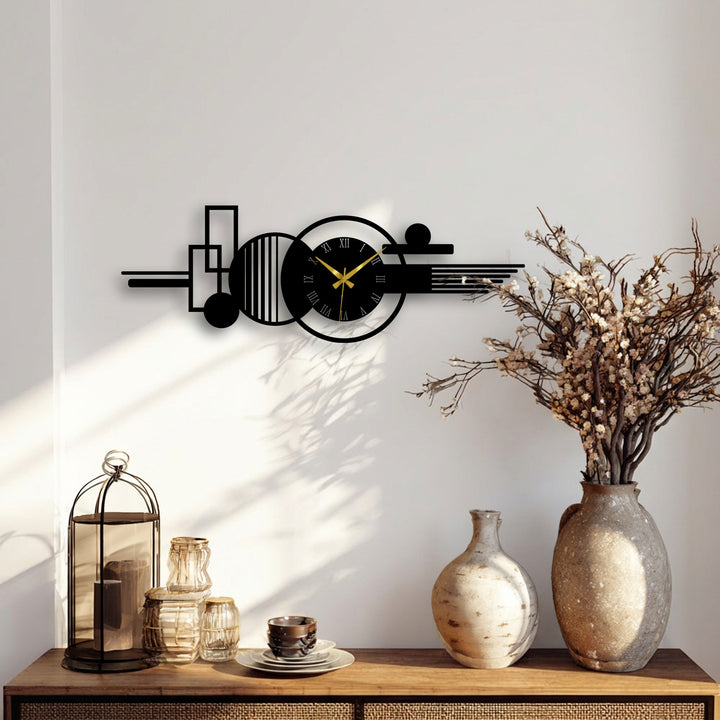 Subtle shifts in tone emphasize the geometric shapes of this modern abstract Roman metal wall clock, offering an interesting piece of metal wall decor.