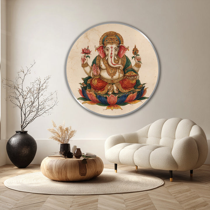 Vibrant color saturation enhances the traditional Hindu round oil painting of Sacred Ganesha seated on a lotus, exemplifying modern oil painting art with rich detail.